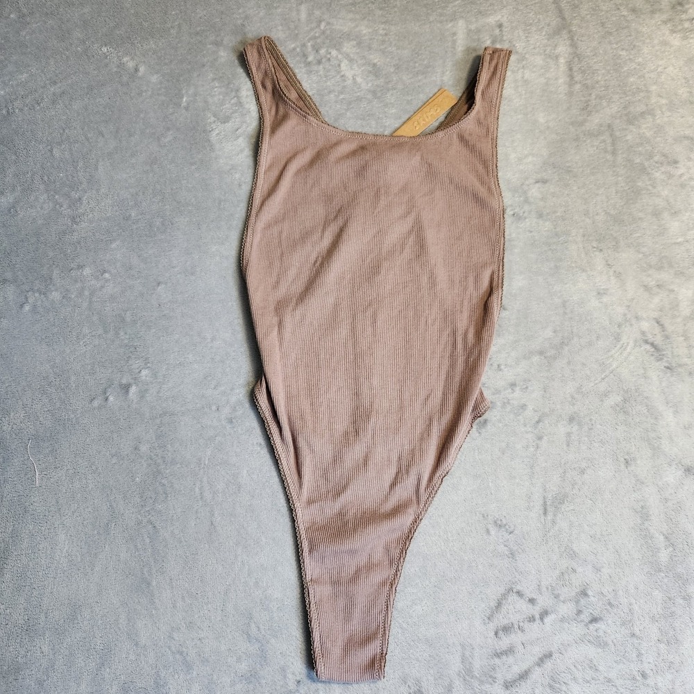 New SKIMS Cotton Rib Picot Tank Bodysuit Umber Brown Scoop Neck Lounge Small NWT